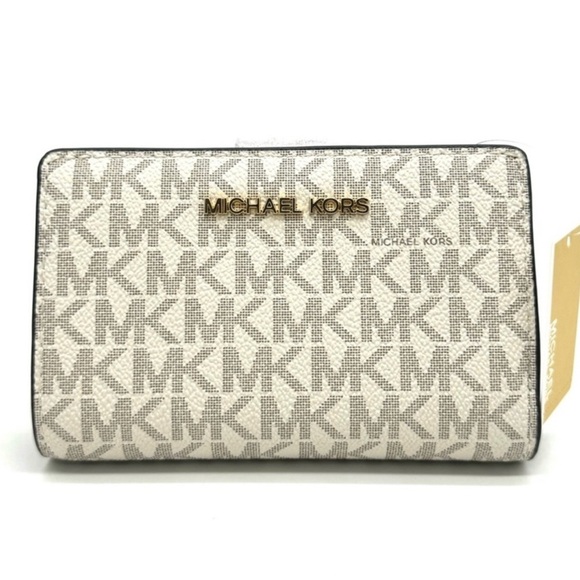 Michael Kors Medium Bifold Zip Chain Wallet Vanilla/Brown - Picture 1 of 9